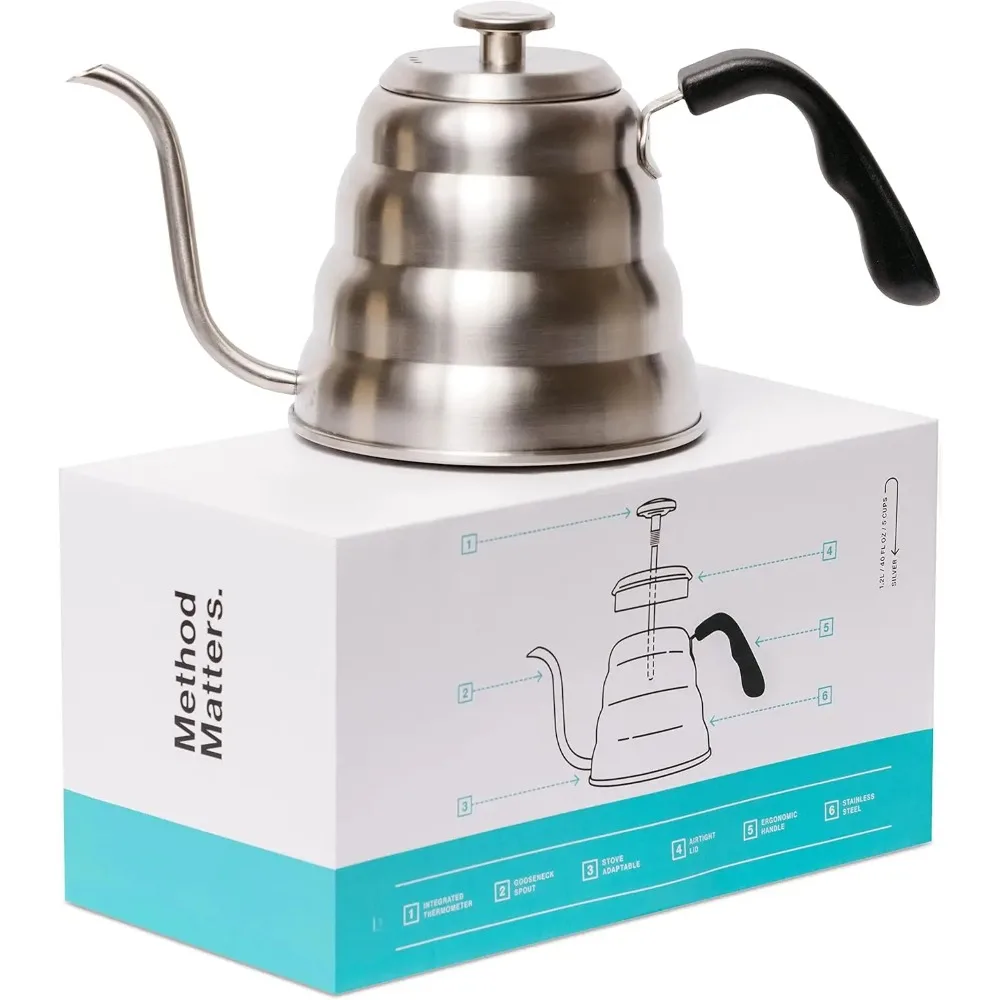 

Stainless Steel Gooseneck Kettle with Thermometer for Pour Over Coffee and Tea, 1.2L, Stove Top Compatible