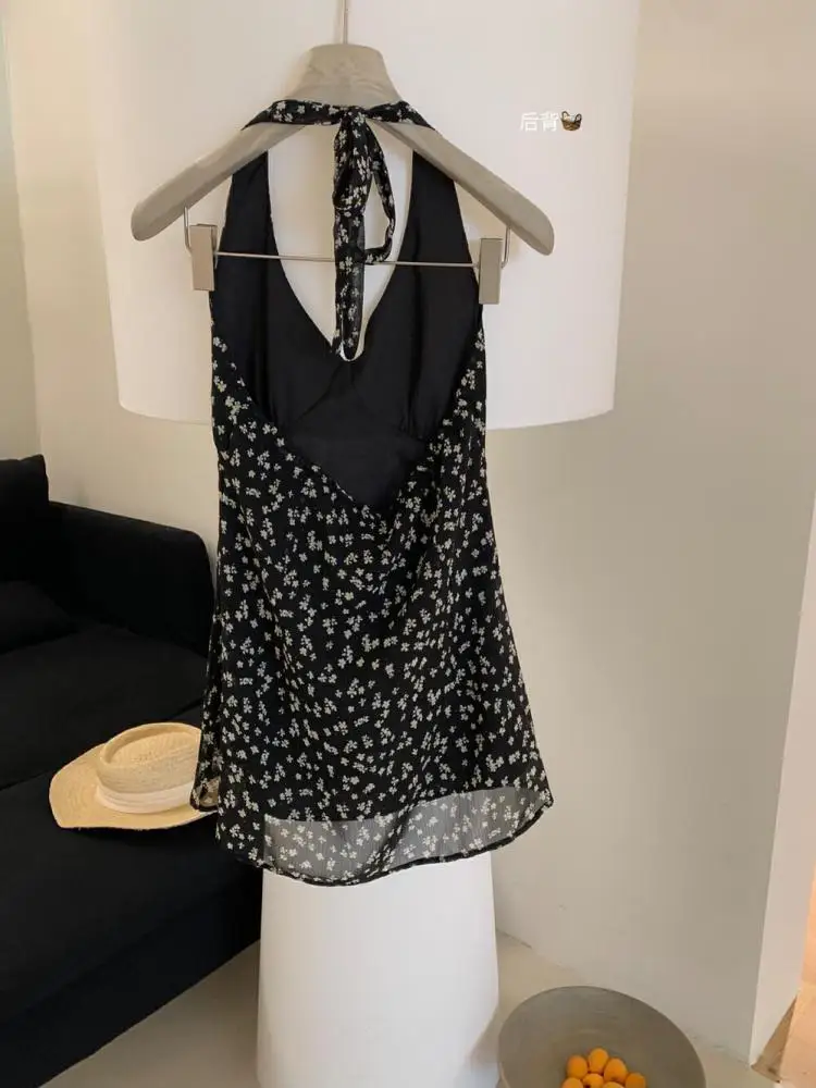 

Summer Black Red Print Sleeveless Off Shoulder V-neck Halter Tank Top Women Sexy Club Backless Asymmetry Vacation Vest Tops Chic