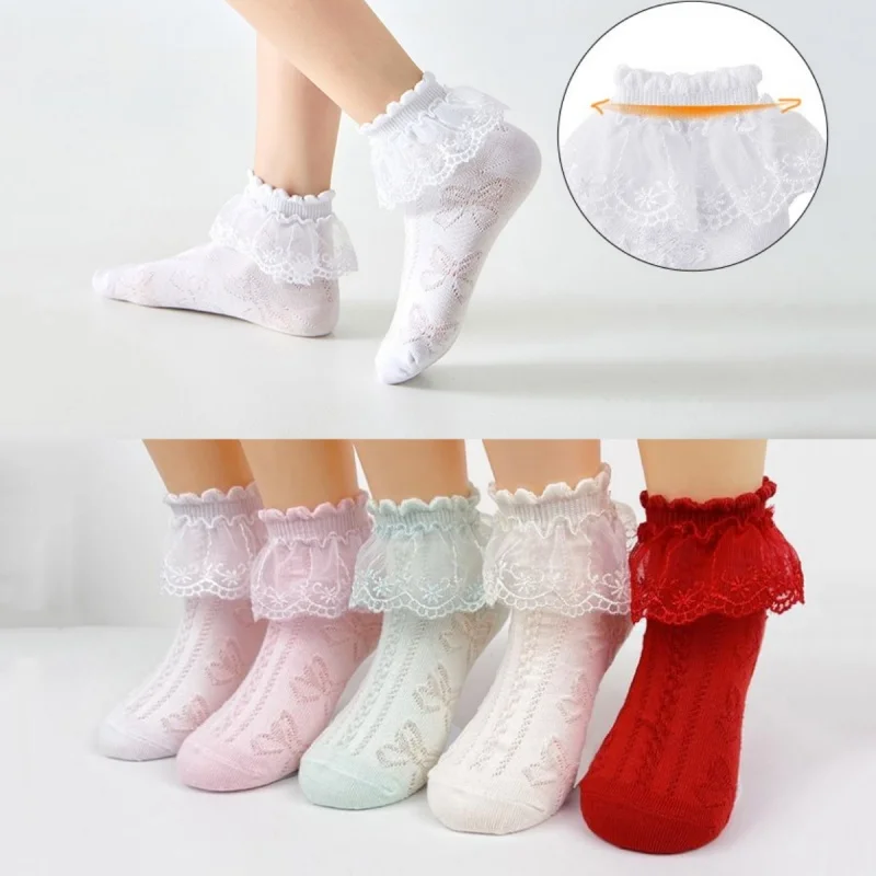 

5Pairs/lot Children's Girls Summer Thin Socks Lace Ruffle Princess Mesh Kids Socks 2024 New Cotton 5 Colours Toddler Baby Socks