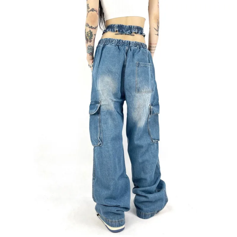 Fashion Brand Women Pink Cargo Pants Casual Straight Wide Leg Jeans Female Hiphop Trouser High Waist Vintage Cowboy Denim Pants
