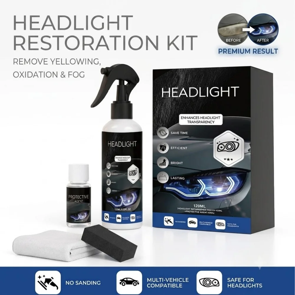 Automotive Headlight Restoration Kit, Car Headlight Clean Brightener Remove Yellowing Oxidation Fog Repair Care Agent