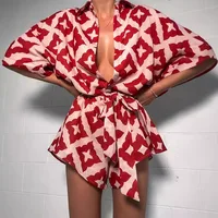 Mono holgado informal con tirantes y estampado para mujer, pajarita con estampado rojo, mono holgado con cuello vuelto, ropa de calle Sexy 2024