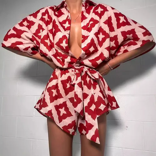 Mono holgado informal con tirantes y estampado para mujer, pajarita con estampado rojo, mono holgado con cuello vuelto, ropa de calle Sexy 2024