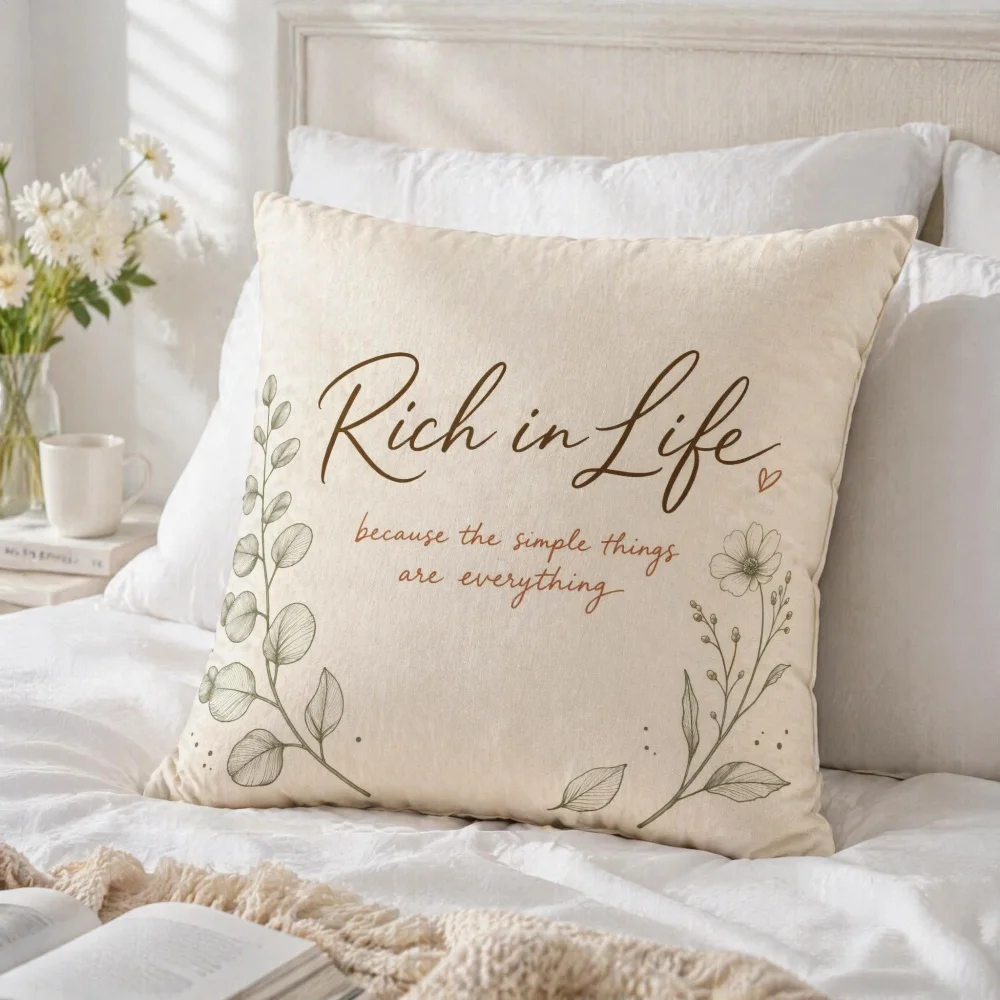 Soft Filled 2D Printed Simple Wildflower Positive Quote Decorative Throw Pillow Square Stuffed Cushion for Bedroom Bedside Decor