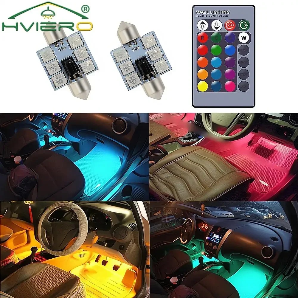 2Pcs RGB Led Mobile Atmosphere Car Bulbs Attachment 24Key Remote Control 36mm 5050 6SMD Lamp Colored Flag Interior Ceiling Light