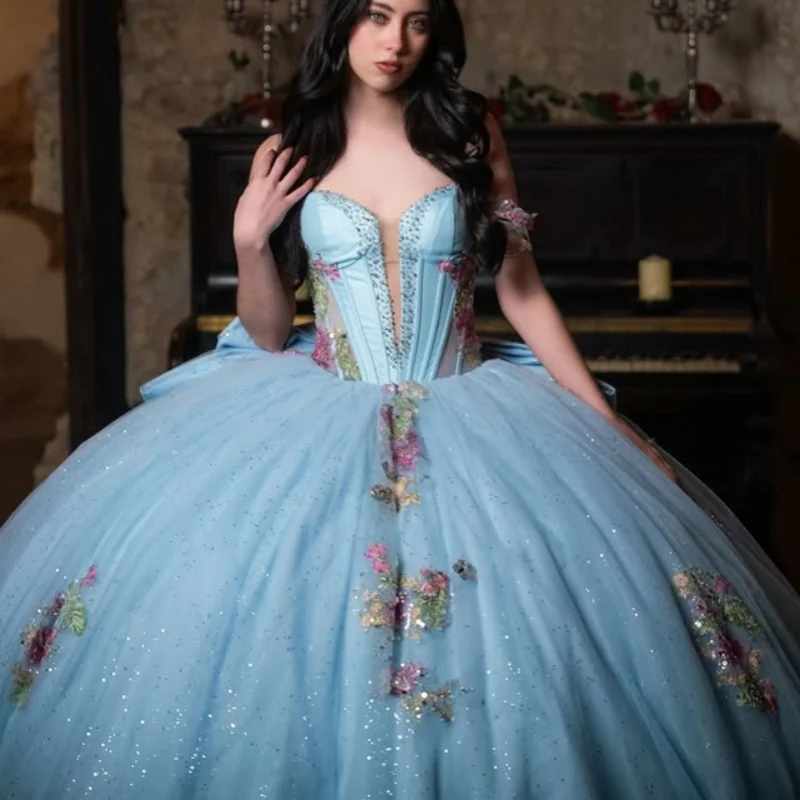 

Синее платье для квинсеаньеры с открытыми плечами, кристаллами, блестками, цветочным декором, длинным шлейфом и большим бантом, vestidos de 15 Quinceanera ﻿ Настраиваемый