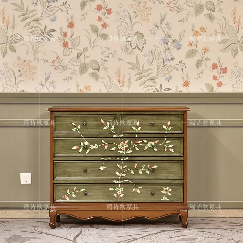 for American Retro Solid Wood Chest Hand Painted Drawers for European Old Bedroom Storage Locker Source Factory