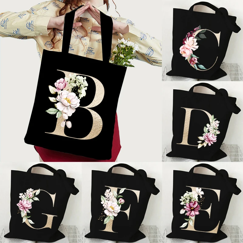 Flower English Alphabet Graphic Women Canvas Shopping Bags Gold Color Lettering A B C D Shoulder Bag Mobile Phone Travel Bags