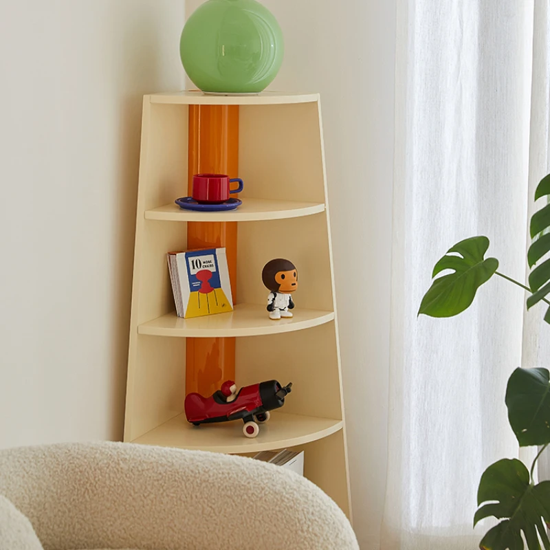 

Floor-to-ceiling cream corner display shelves