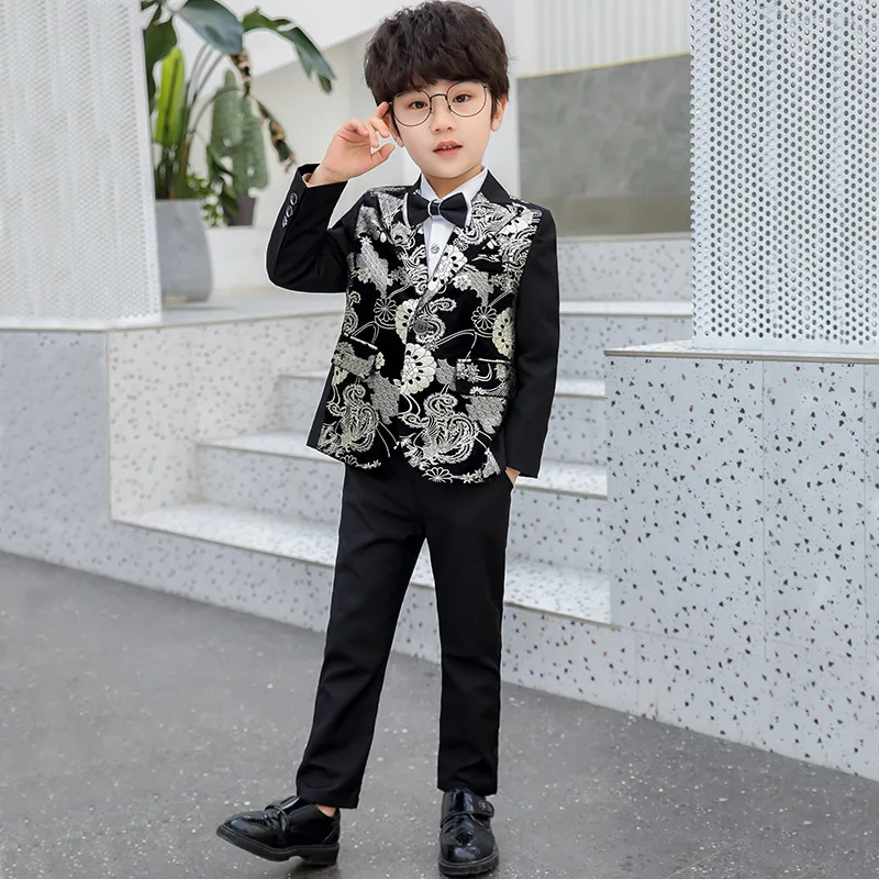 Children Formal Dress Kids Flower Jacket Pants Bowtie 3PCS  Piano Costume Boys Bronzing Show Host Handsome Photography Suit