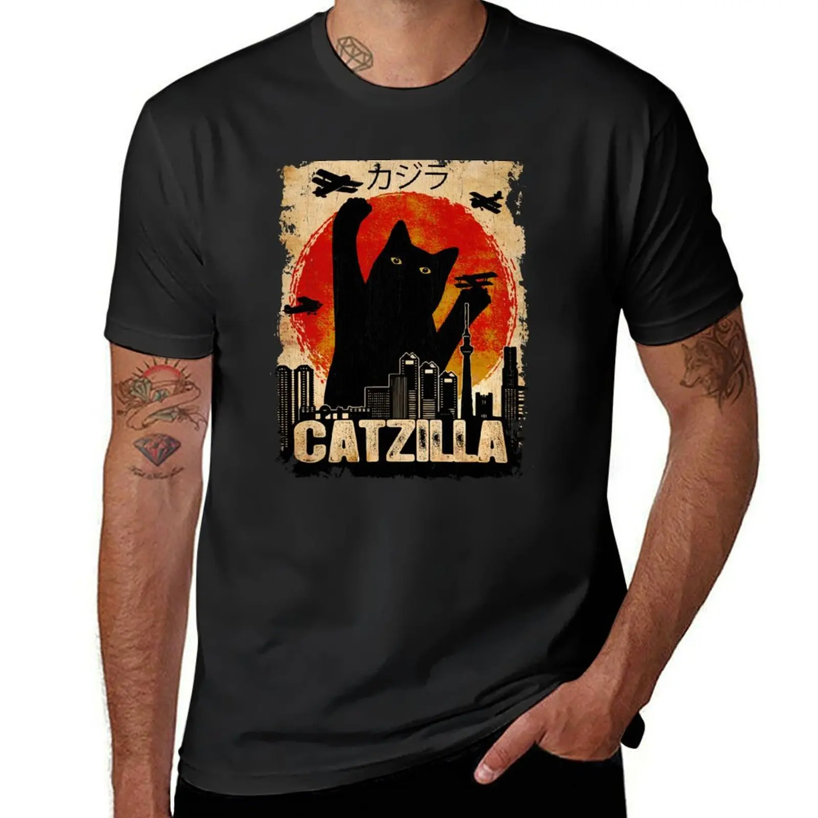 

Vintage Catzilla Funny Black Cat T-Shirt Blouse aesthetic clothes korean fashion mens graphic t-shirts big and tall