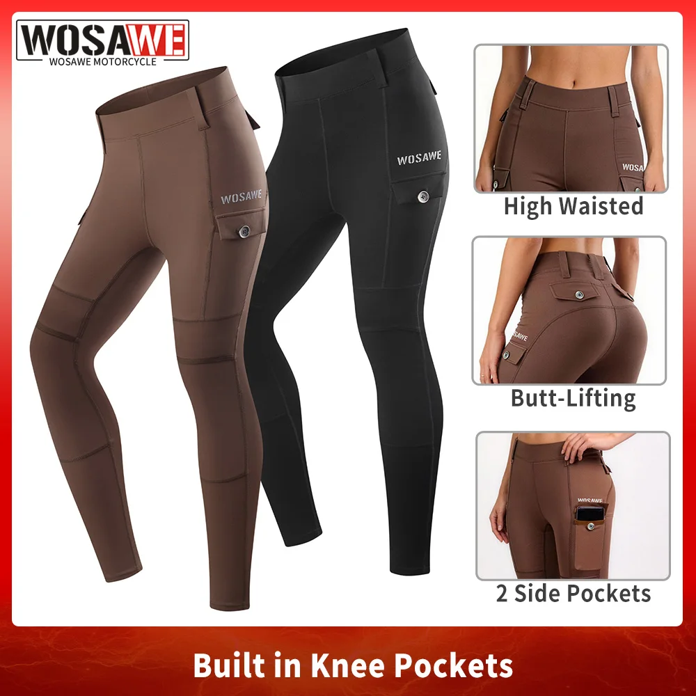 

WOSAWE Women Motorcycle Pants with Knee Pockets High Waist Leggings Stretch Yoga Pants Gym Fitness Compression Butt Lift Pants