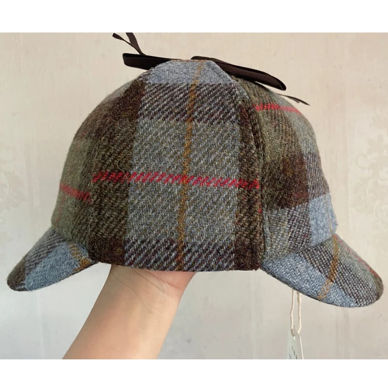 Winter Autumn Derby Tweed Wool Deerstalker Hat, Unstiffened Cloth Earflaps Semicircular Visors Detective Hat