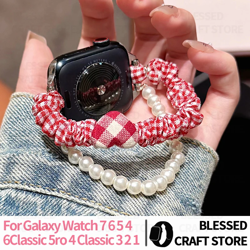 Preppy Pearl Scrunchie Watch Band for Samsung Watch 765 4Classic  FE Cute Cloth Chain Strap for Garmin Lily Venu2S Wristband 22m