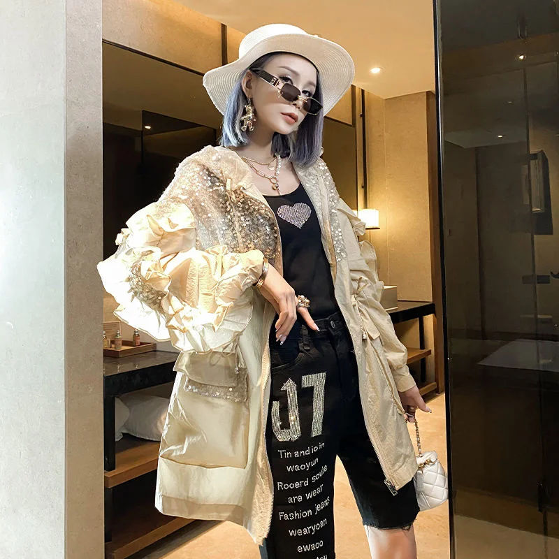 Women Lace Long Hooded Sunscreen Clothes In The Summer Of 2024 New Super Fairy Sequins Waist Aging Thin Breathable Coat Tide