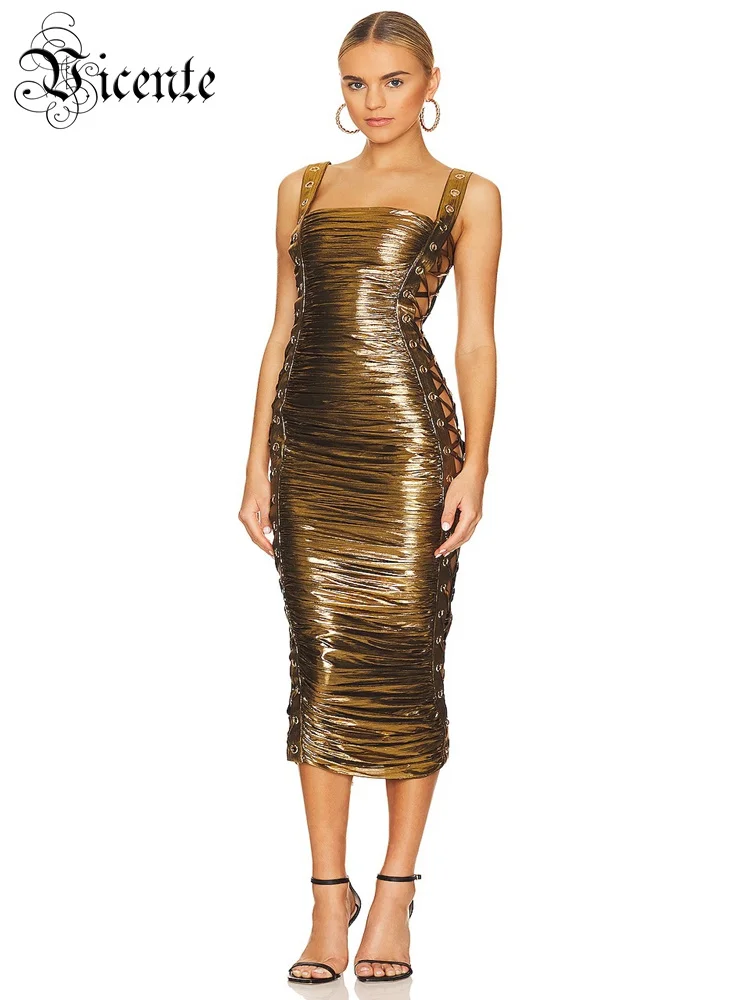 

VC Cocktail Party Dresses For Women Sexy Spaghetti Strap Side Metal Lace-Up Slim Draped Midi Gold Clubwear