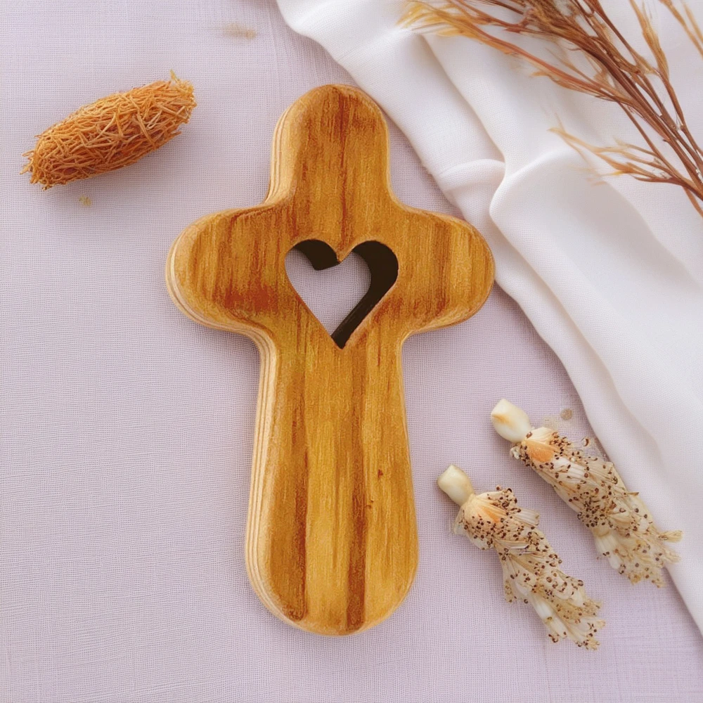 Wood Pocket Cross with Heat Shape Handheld Prayer Cross for Stress Relief & Comfort, Smooth Clinging for Faith Gifts for Mom Dad