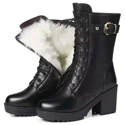 Winter Black Brown Leather Platform Women Boots Thick Wool Warm Women 7cm High-Heel Female Snow Boots Outdoors Cotton Shoes