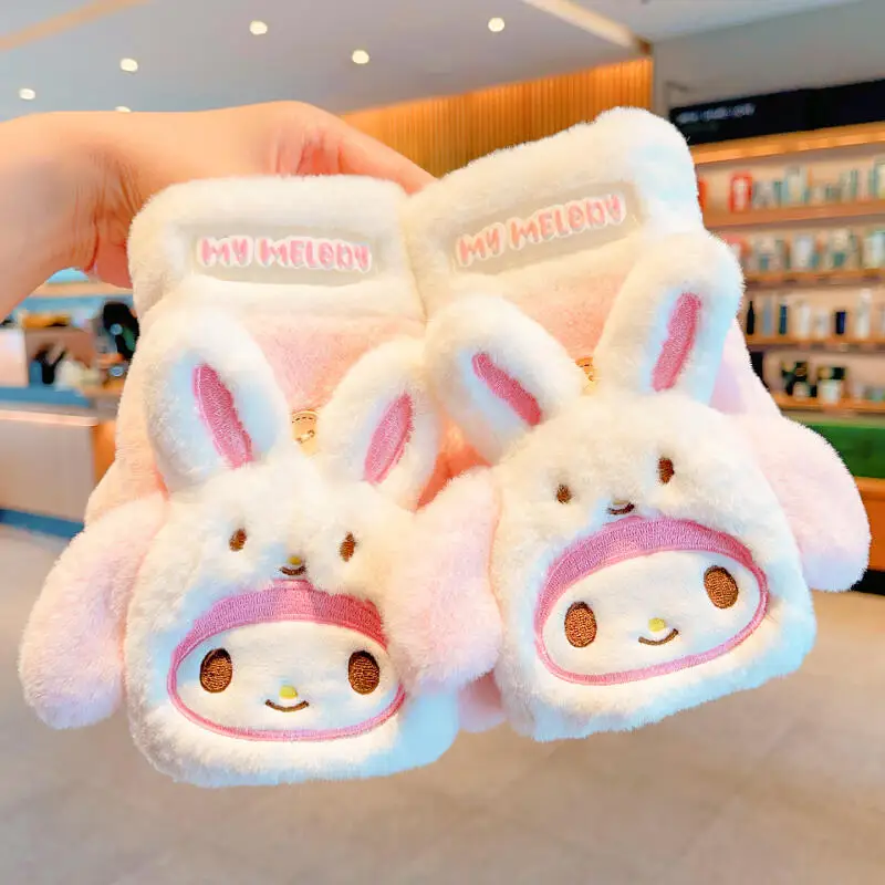 

Детские перчатки Sanrio My Melody, милые мультяшные зимние теплые перчатки для детей, уличные, защищающие от холода, с сенсорным экраном, полупальцевые, откидные, новые