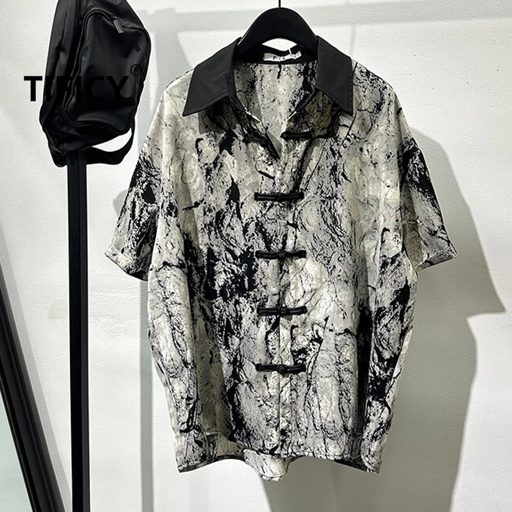 TIFICY High Street Pan Button Tie Dye Loose Short Sleeved Shirt Men in Summer Retro Style No Ironing Cool Feeling Shirts