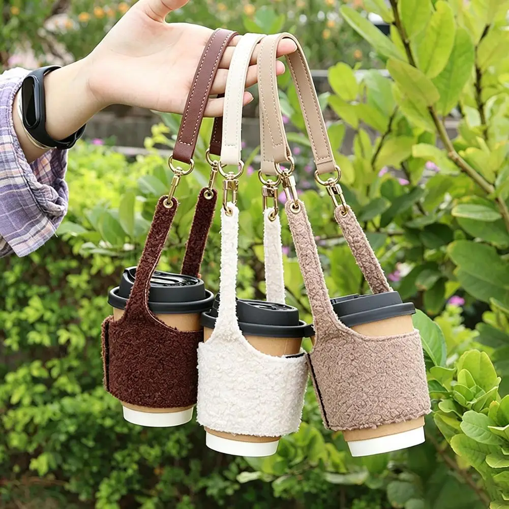 Plush Coffee Cup Sleeve, Hand Strap Soft Insulated Cup Holder Retro Style Cup Warm Sleeve for Autumn And Winter Daily Use