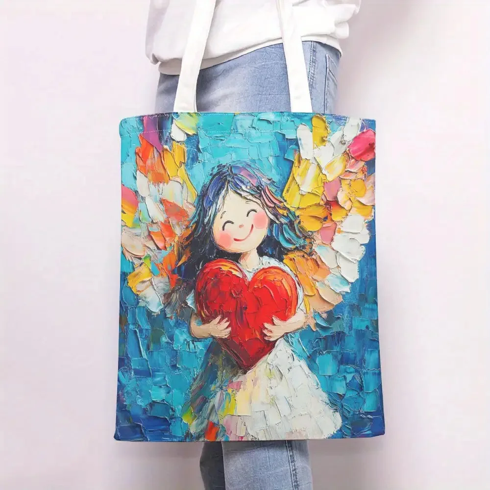 A A happy angel holding a big red heart patterns print canvas tote bag, suitable for daily use, shopping, school, and travel