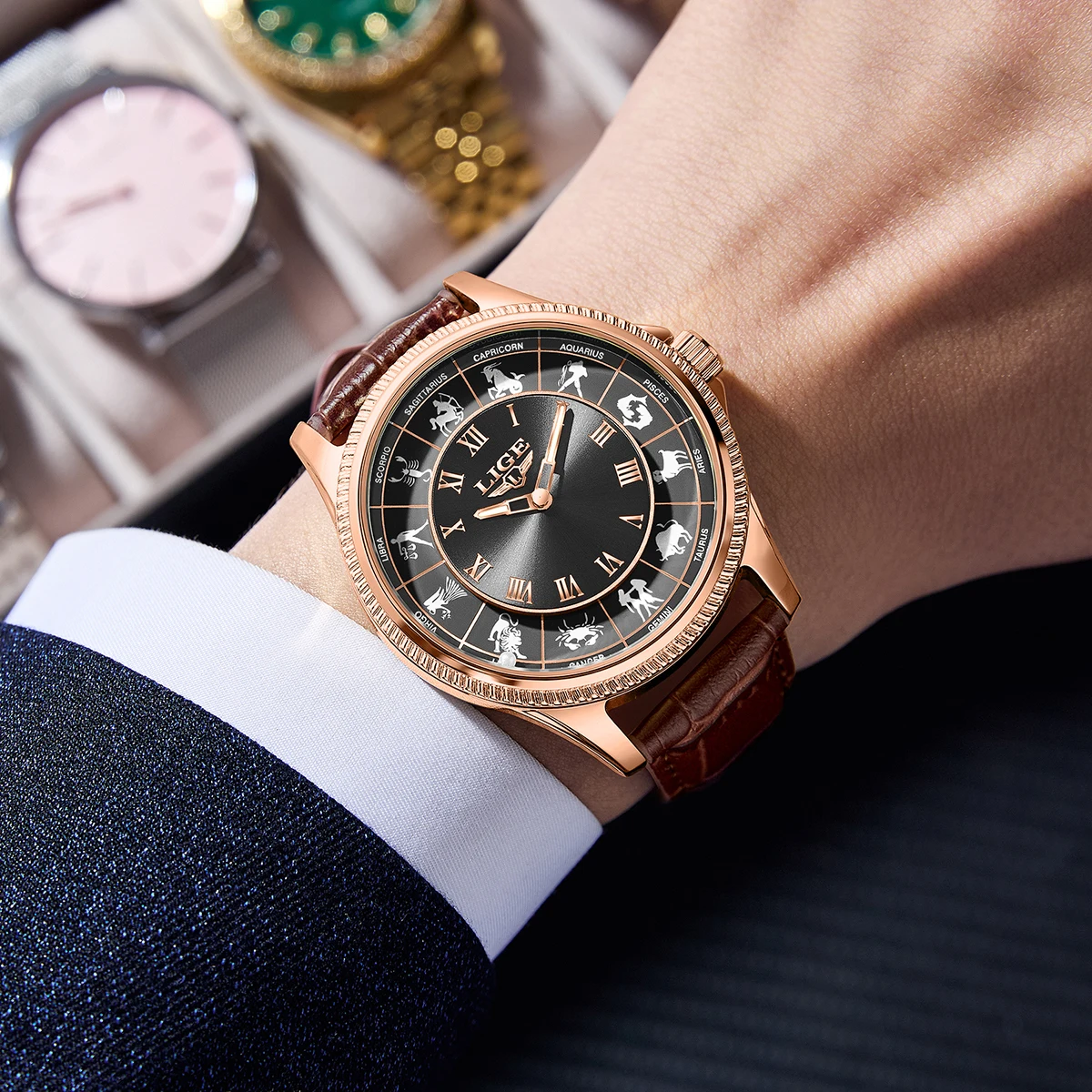 LIGE Fashion Luxury Quartz Man Watch Classic Casual Sport Leather Belt Twelve Constellations Waterproof Watches for Men Gift Box