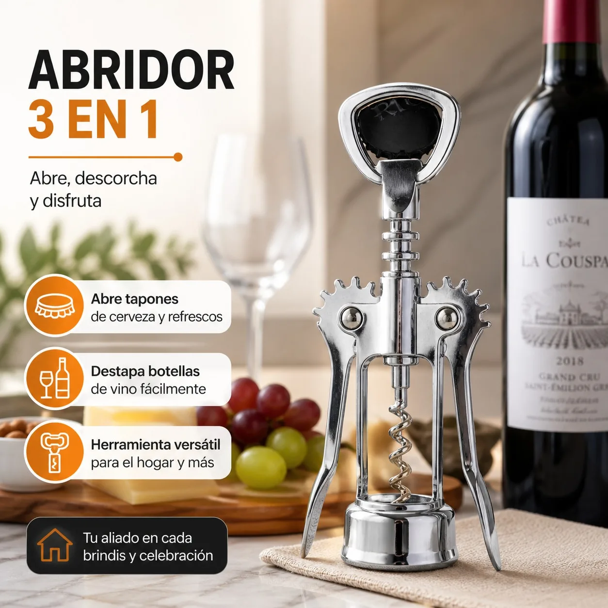 Tire-bouchon professionnel en acier inoxydable 16,5x6cm, ouvre-bouteille pour vin et bière 3-en-1 avec double levier ergonomique et spirale acérée pour usage domestique et de bar.