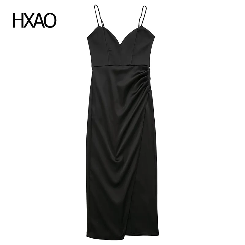 

HXAO Black Dress Women Slip Summer Dress TRAF Satin Dress Midi Dresses Women's Elegant Dress Slit Ladies Dresses Sexy Dress