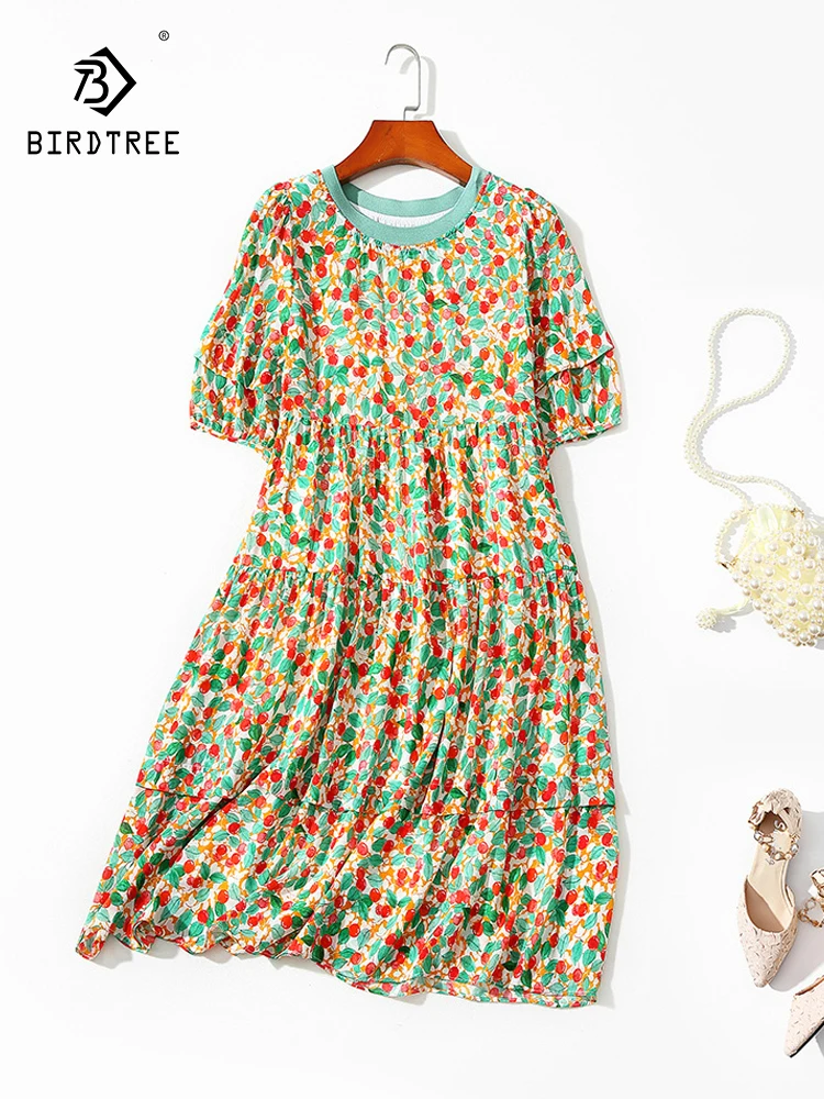 

Birdtree 100%Mulberry Silk Cherry Print Dress 2023 Summer Thread Collar Colored Elegant Wide Pine Short Sleeve Dress D39128QC