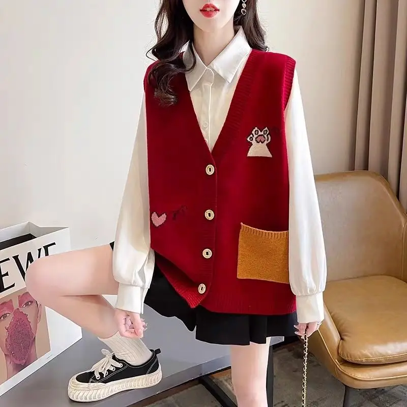 

Women New 2023 Spring Autumn Large Size Knitting Outside Wearing College Cardigan Loose Jacquard Patchwork Sweater