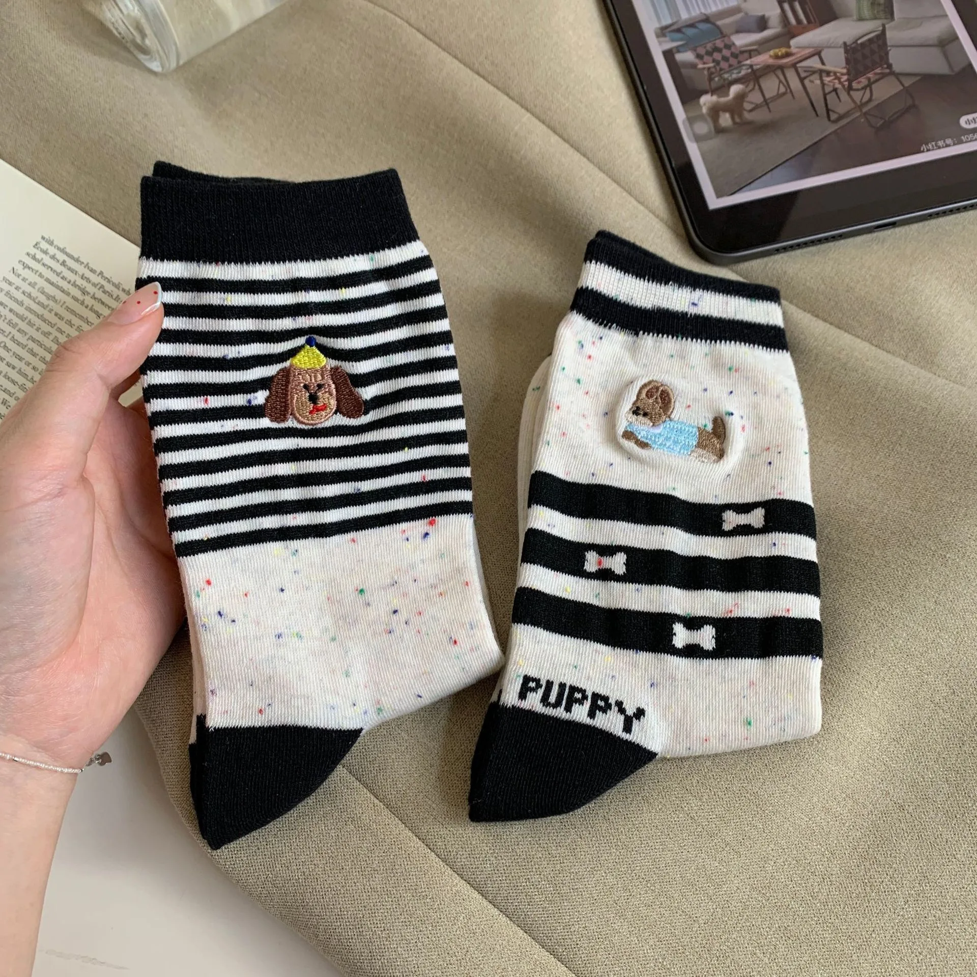 

Socks Women Cute Tube Socks Cartoon Puppy Stockings for Women Striped Women Stockings Soft Skin-friendly Breathable