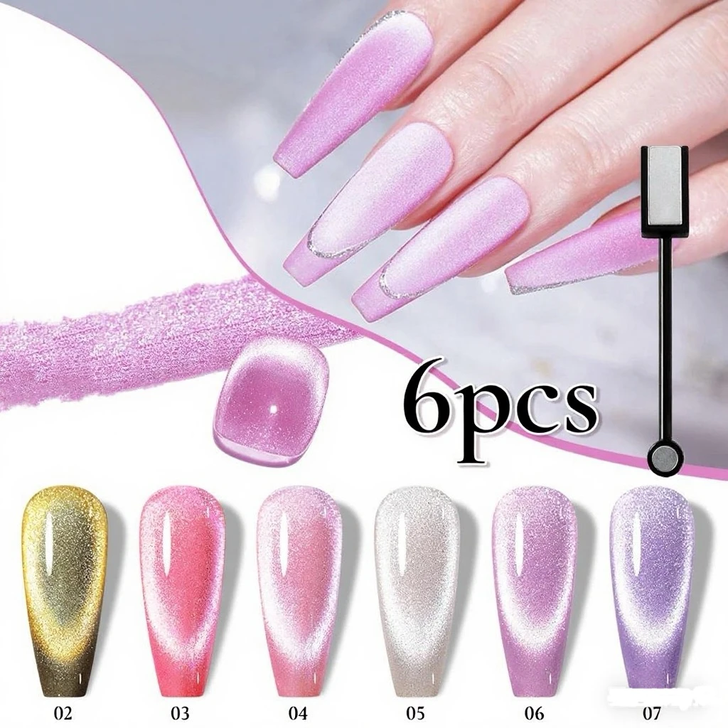 ชุดยาทาเล็บเจลแม่เหล็กโฮโลแกรมแคทอาย 6 ขวด, เจลยูวีกึ่งถาวรที่ถอดออกได้ชุดเล็บเงาพร้อมแม่เหล็ก