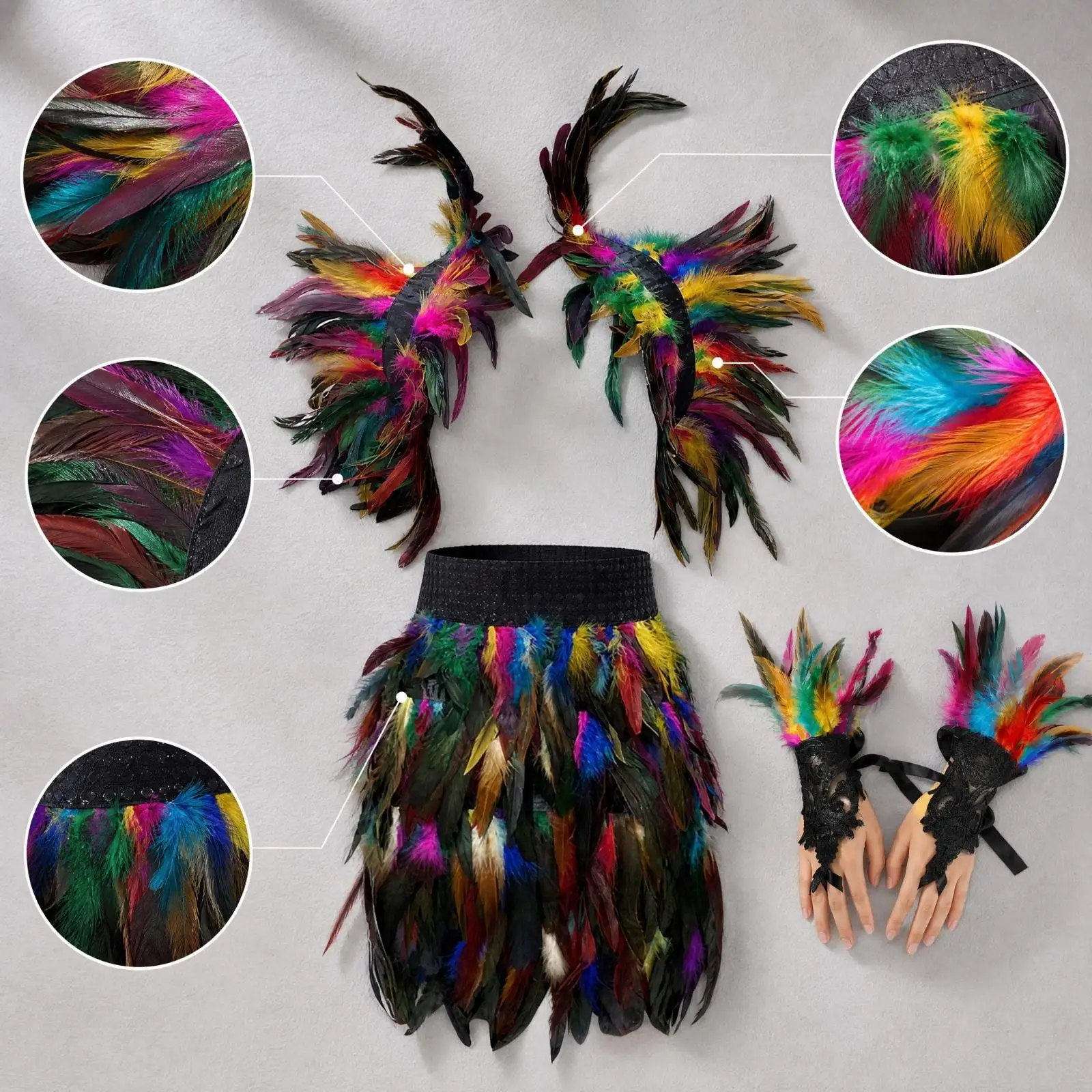 Women Costume Party Cape with Layered Feather Texture and Lace Gloves for Halloween Cosplay Stage Performance