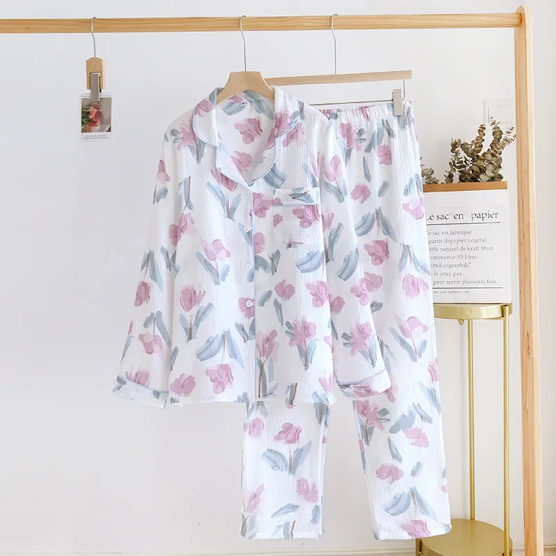 2024 primavera y otoño nuevo conjunto de pijama para mujer 100% pantalones de manga larga de algodón conjunto de dos piezas cárdigan de talla grande