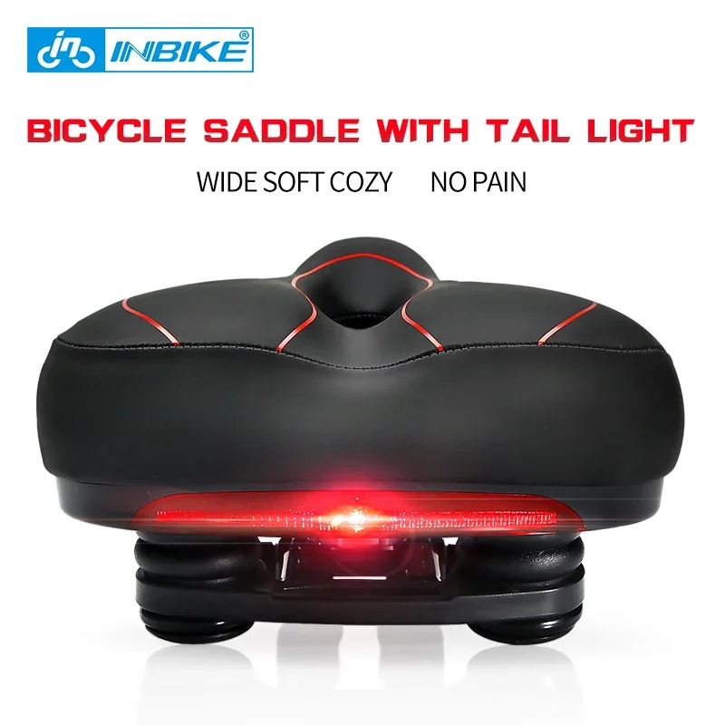 Bike Saddle with Tail Light Widened MTB Seat Cushion Road Bike Soft Comfortable Breathable Seat Cushion Bicycle Spare Parts