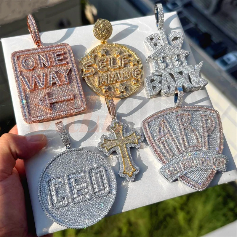 

Full Zircon Shield Round Square Shape Pendant Pave Crystal Letter Necklace With Stainless Steel Chain Hip Hop Jewelry For Men