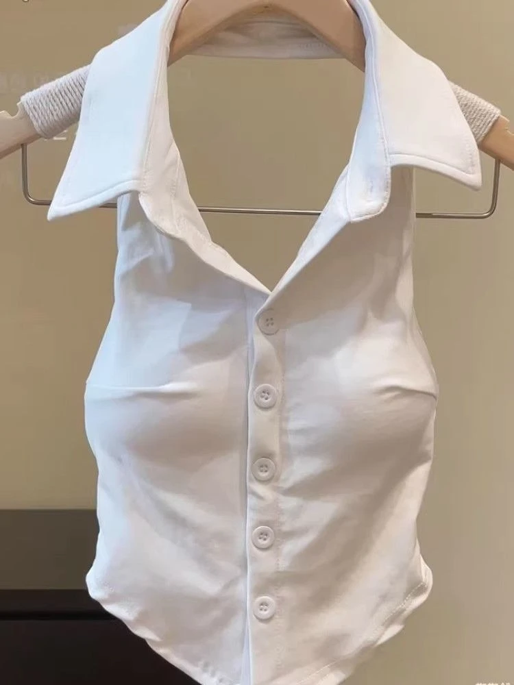 Sexy Vest Women Clothes Turndown Collar Single-breasted Tanks Korean Tees Backless Summer Camis Fashion Irregular Casual Y2k Top