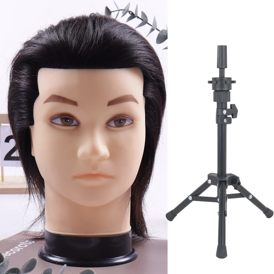 

Male 100% Human Hair Mannequin Head Wig Stand With Tripod For Hairdressers Salon Hairdressing Male Training Heads Manikin Doll