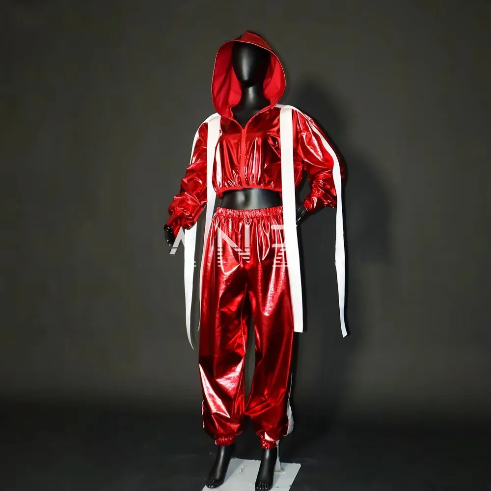 Moda sexy adulto jazz hip hop desempenho traje masculino feminino rua dança equipe conjunto palco wear vermelho laser jaqueta calças 2 peças
