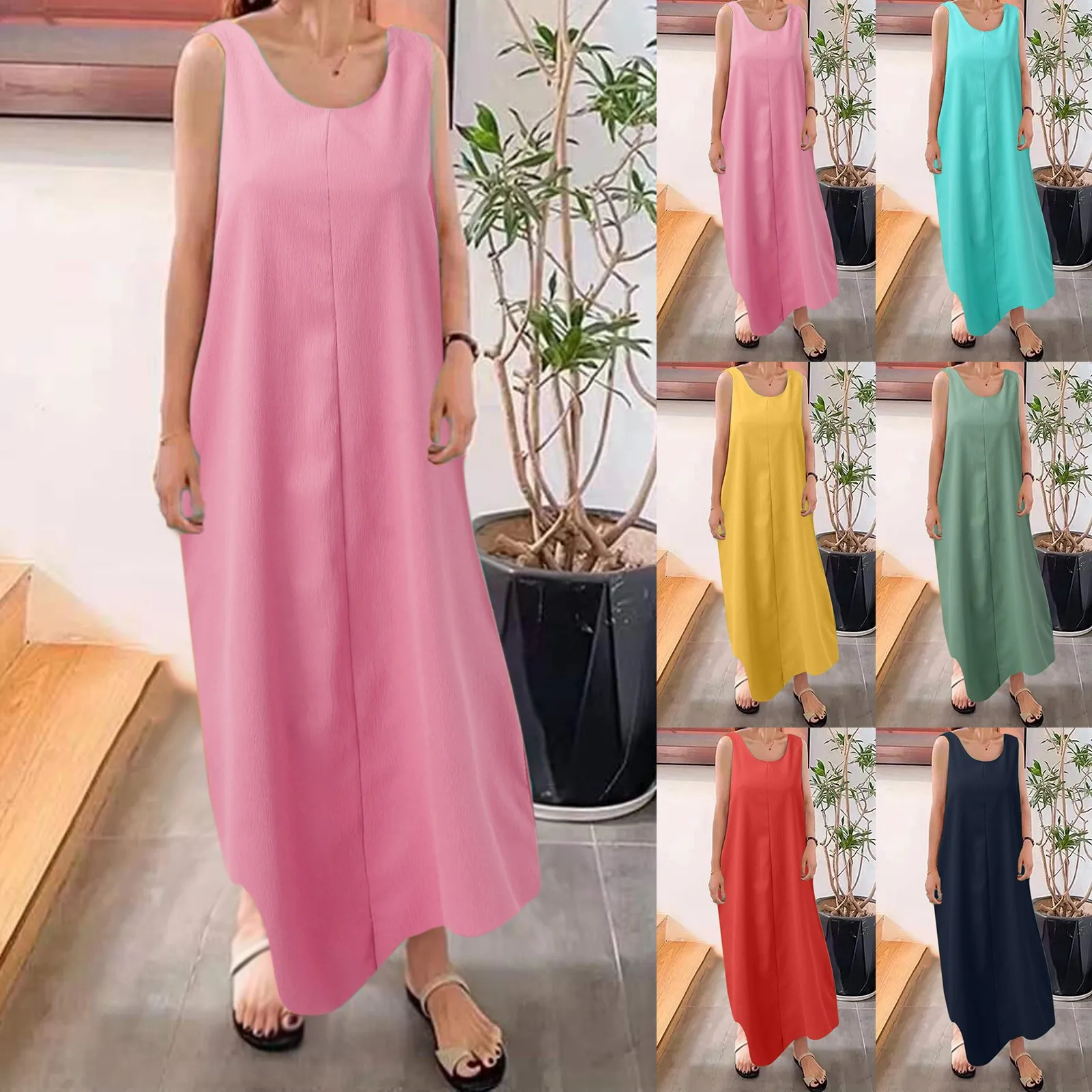 

Plus Size Women's Summer Sundress Solid Colour Round Neck Sleeveless Long Tank Dress Simple Loose Cotton Linen Casual Dress