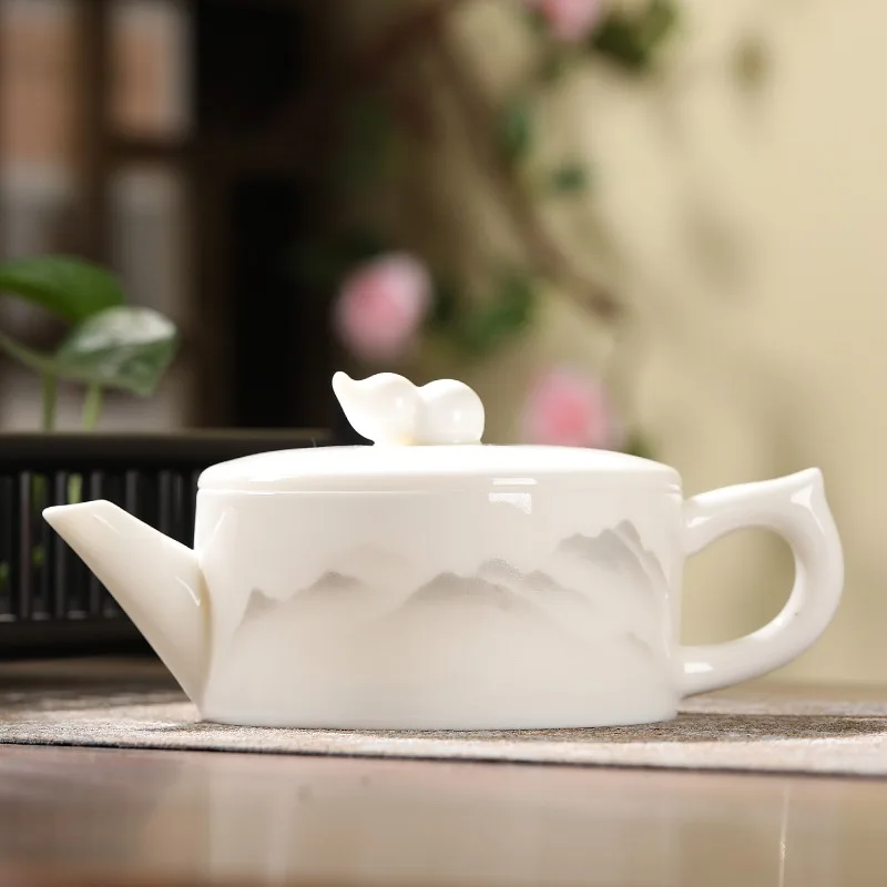 Suet Jade White Porcelain Teapot Ceramic Large-Capacity Handmade Single Pot Hanwa Large Mouth Pot Kung Fu Tea Set