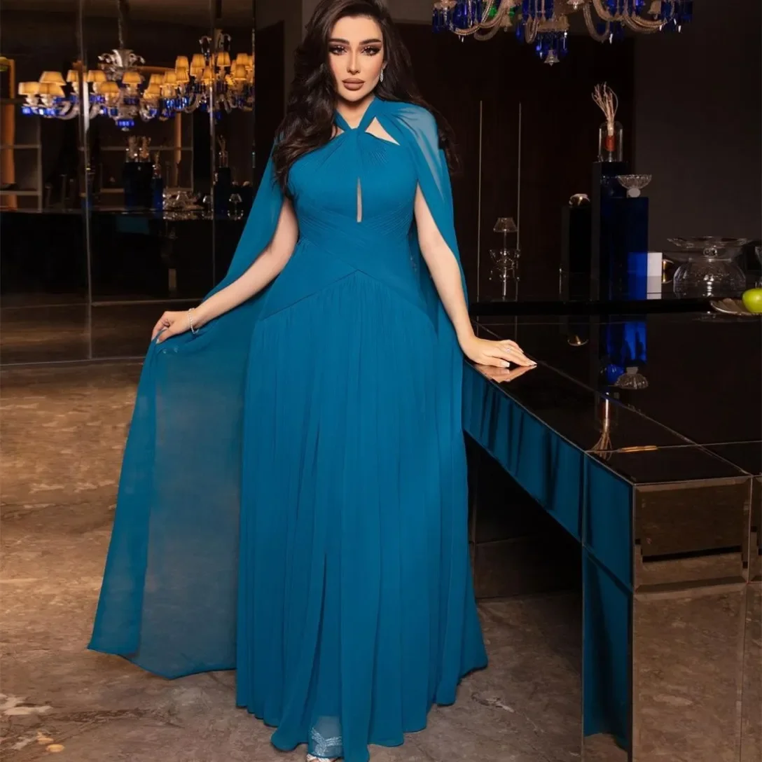 Customized Long Chiffon Blue Evening Dresses with Cape A-Line Halter Neck Pleated Floor Length Formal Occasion Prom Party Gowns