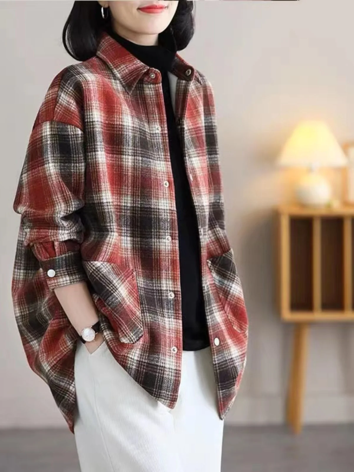Plus Size Damen Casual Plaid Irt Long Sve Collar Loose Fit Frühling Herbst Top für Mütter und Damen