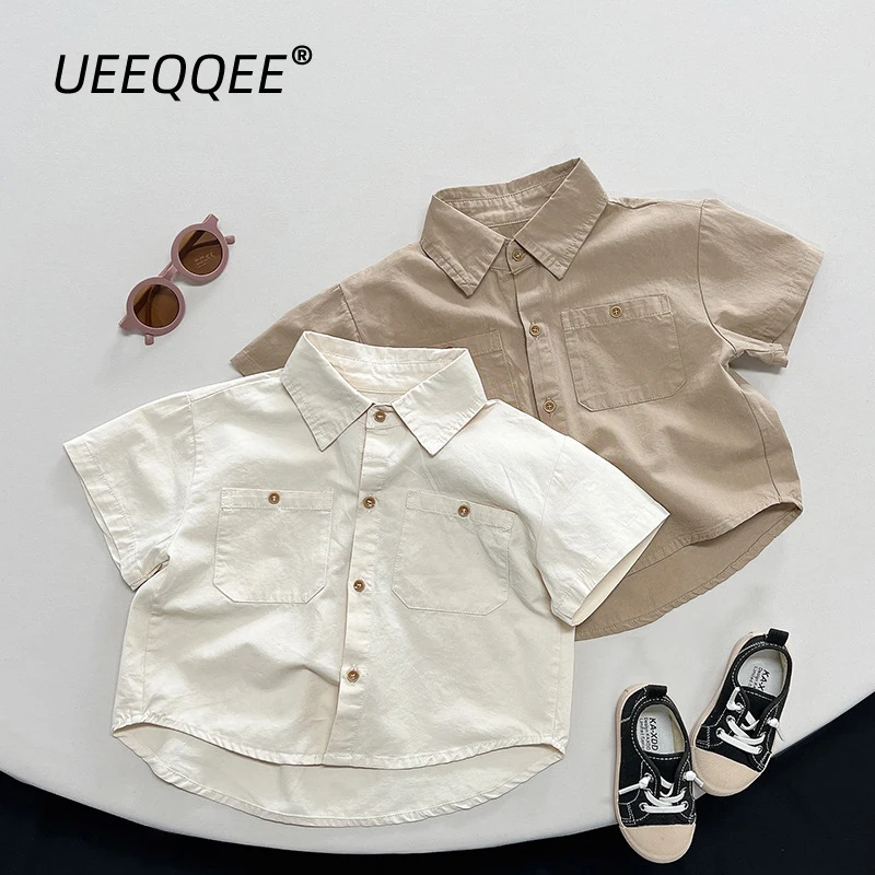 

Spring Summer Children Shirts 1-8Y Boys Cotton Pocket Button Casual Short Sleeve Tops Korean Toddler Wear For Kids Clothing New