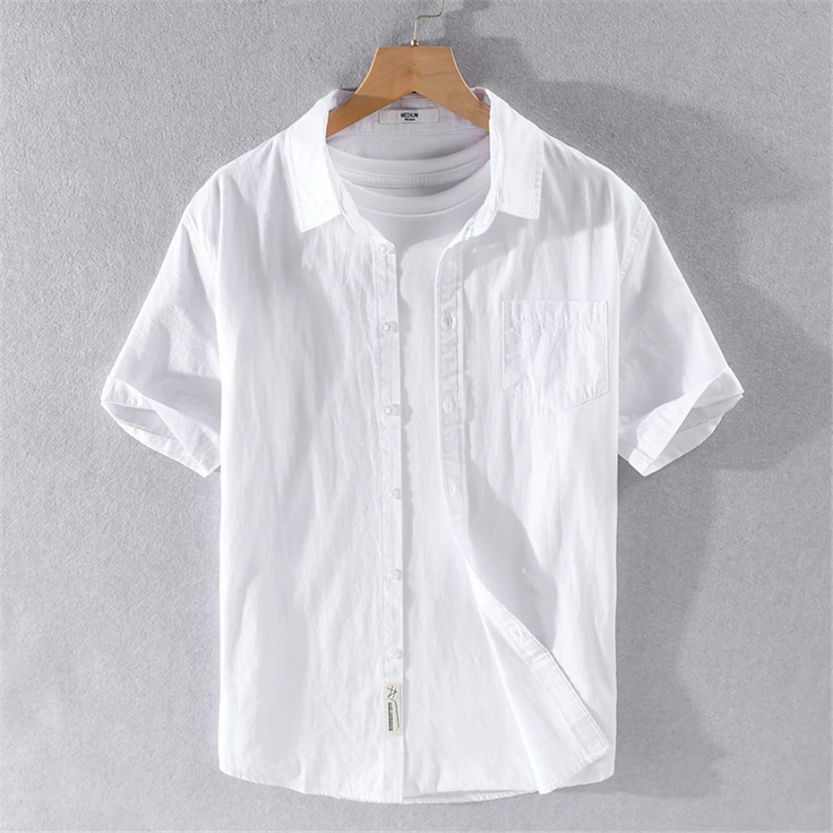 Katoenen Shirts Heren Zomer Korte Mouwen Shirts Effen Kleur Katoenen Blouse Mode Casual Shirts Heren