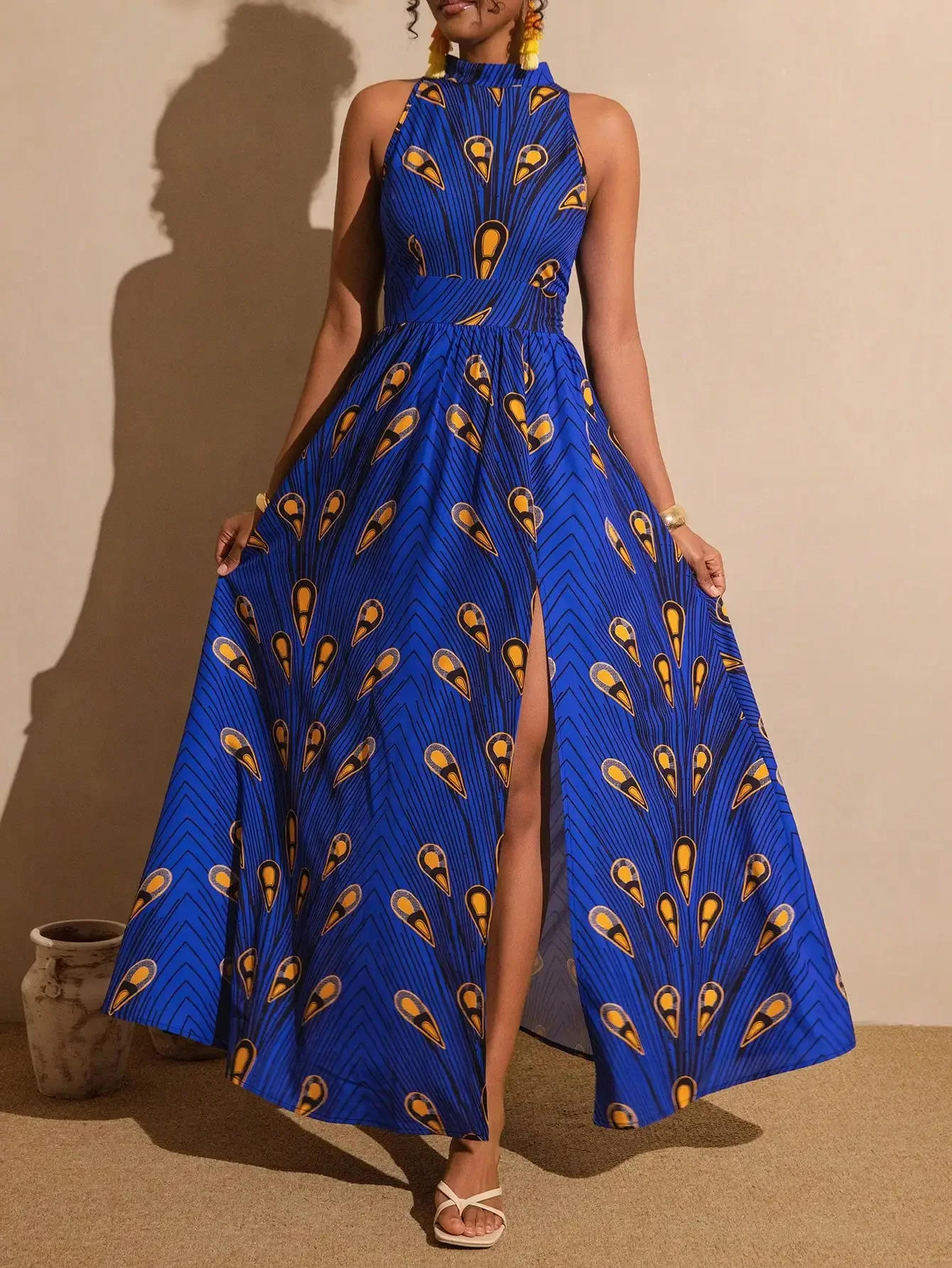 

Womens Halter Neck Peacock Print Maxi Dress With Side Slit