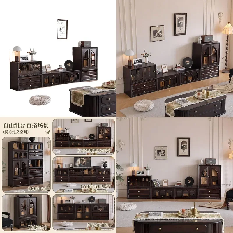 American Retro Style Black Walnut Solid Wood TV Cabinet Living Room Combination Storage Unit Medieval French Vintage Modular