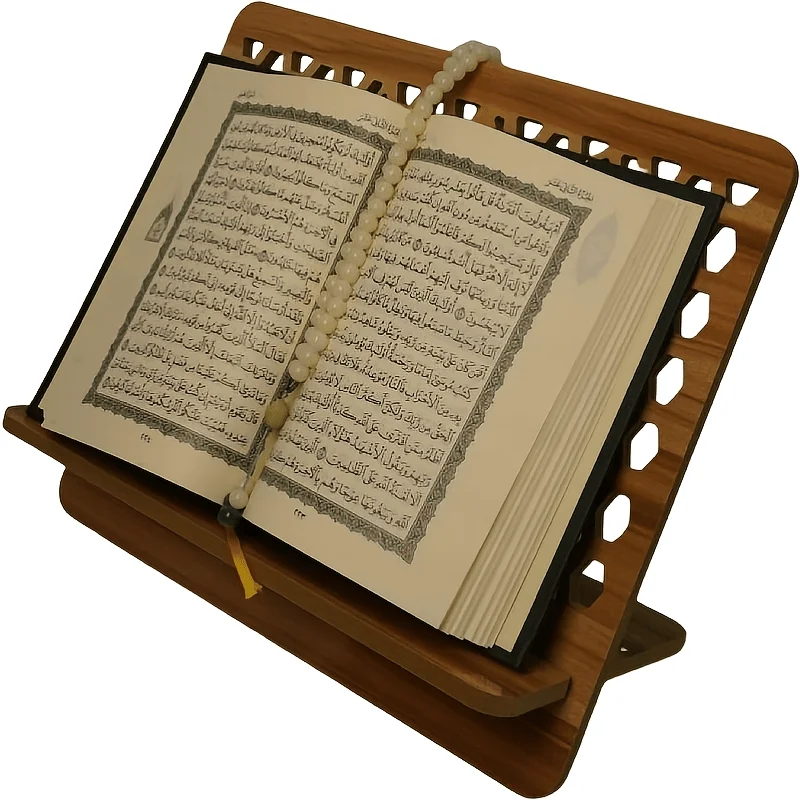 Wooden Quran Book Stand Hollow Arabic Calligraphy Carved Reading Holder Foldable Muslim Holy Book Rack Eid Ramadan Home