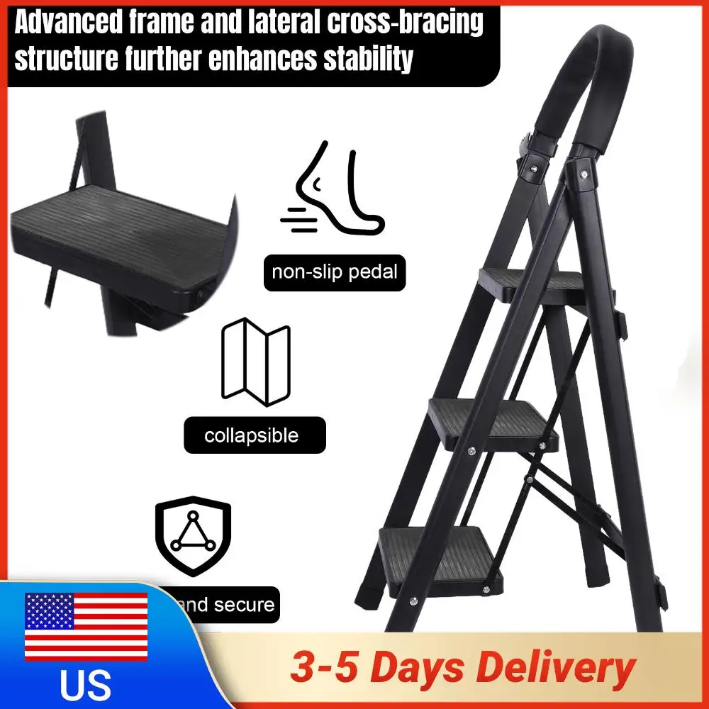 

Трехступенчатая складная лестница-стремянка: прочная и портативная, выдерживает нагрузку до 150 кг, с поручнем и широкими ступенями для дома, автофургона и улицы